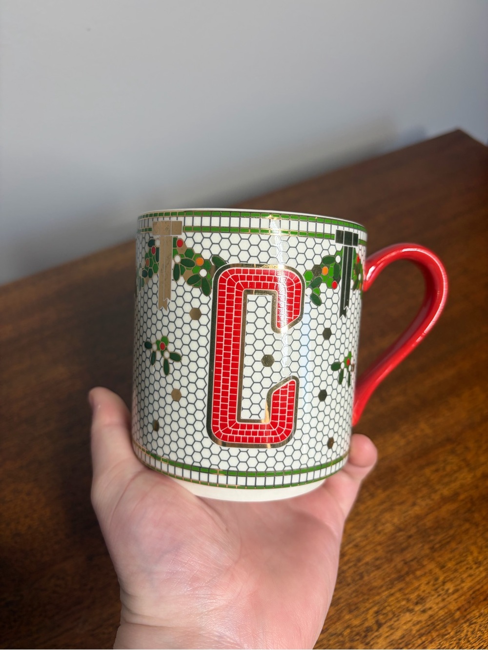 Anthropologie Festive Bistro Tile Monogram Mug Letter C Holiday Gold Accent Mug - Picture 7 of 7